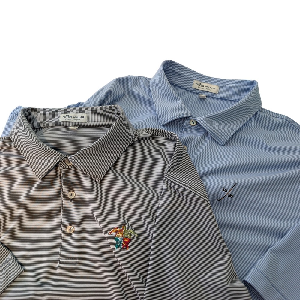 Lot of 2 Peter Millar Summer Comfort Polo Shirts Mens XL Blue Grey Striped Golf